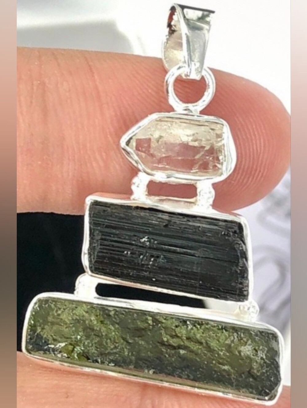 Moldavite, Herkimer Diamond, Black Tourmaline Pendant Sterling Silver Stamped925